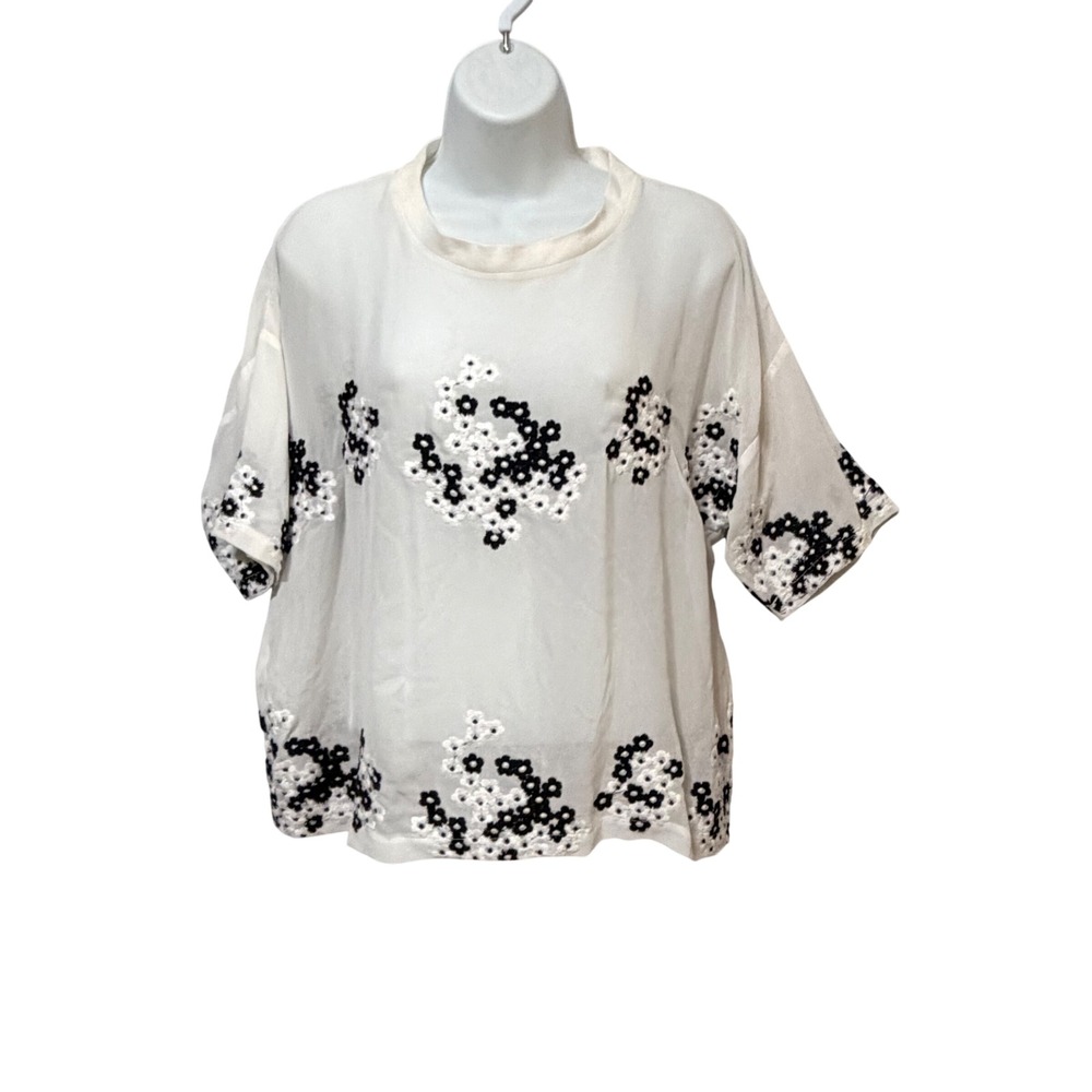 JOA Los Angeles White Floral Embroidered Sheer Boxy Blouse Top BC3128 Womens M